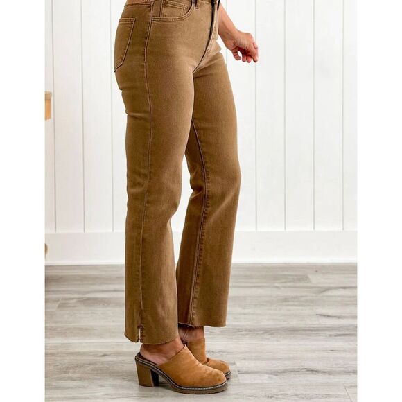 Risen Women’s High Rise Cocoa Raw Hem With Slit Slide Straight Leg Jeans Size 5/ - Picture 2 of 8